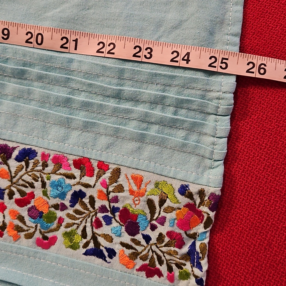 Light Teal blue embroidered Mexican Pattern Sleeveless Top Pintucks Lg. - Picture 4 of 6